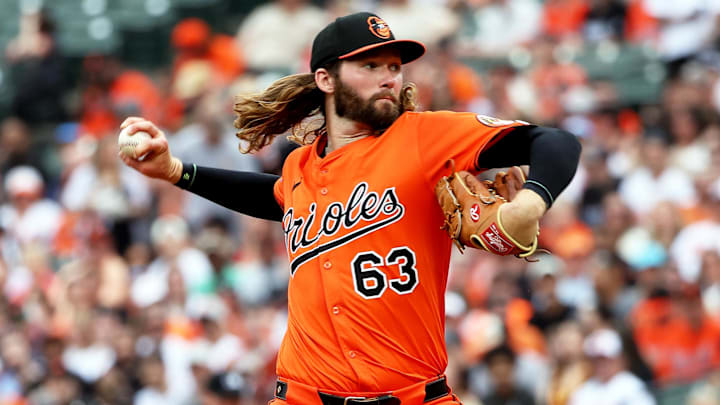 Apr 19, 2025; Baltimore, Maryland, USA; Baltimore Orioles pitcher Brandon Young (63) throws the ball during the second inning against the Cincinnati Reds at Oriole Park at Camden Yards. Apr 19, 2025; Baltimore, Maryland, USA; Baltimore Orioles pitcher Brandon Young (63) throws the ball during the second inning against the Cincinnati Reds at Oriole Park at Camden Yards.