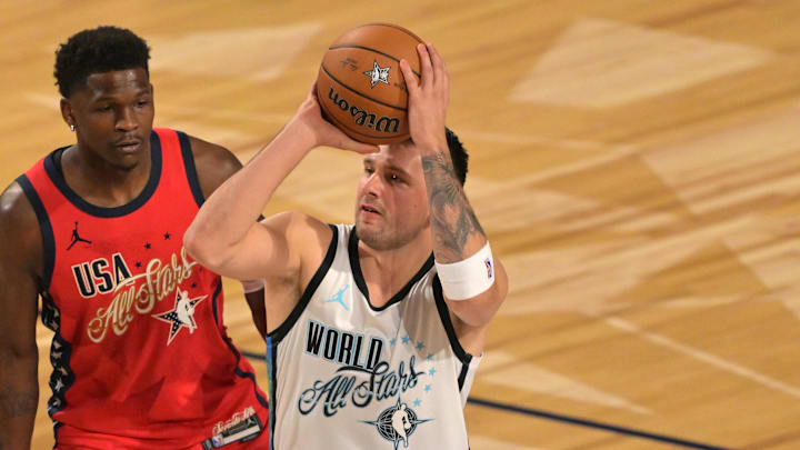 Feb 15, 2026; Inglewood, California, USA; Team World guard Luka Doncic (77) of the Los Angeles Lakers shoots against Team USA Stars guard Anthony Edwards (5) of the Minnesota Timberwolves in game one during the 75th NBA All-Star Game at Intuit Dome. Mandatory Credit: Jayne Kamin-Oncea-Imagn Images Feb 15, 2026; Inglewood, California, USA; Team World guard Luka Doncic (77) of the Los Angeles Lakers shoots against Team USA Stars guard Anthony Edwards (5) of the Minnesota Timberwolves in game one during the 75th NBA All-Star Game at Intuit Dome. Mandatory Credit: Jayne Kamin-Oncea-Imagn Images