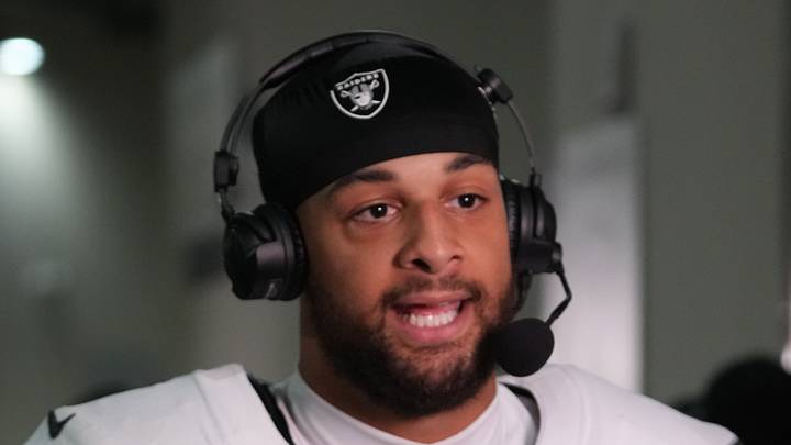 Las Vegas Raiders wide receiver Cody White talks to the media