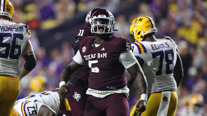 Texas A&M Aggies defensive tackle DJ Hicks celebrates after a play during the second half against the LSU Tigers at Tiger Stadium. Texas A&M Aggies defensive tackle DJ Hicks celebrates after a play during the second half against the LSU Tigers at Tiger Stadium.