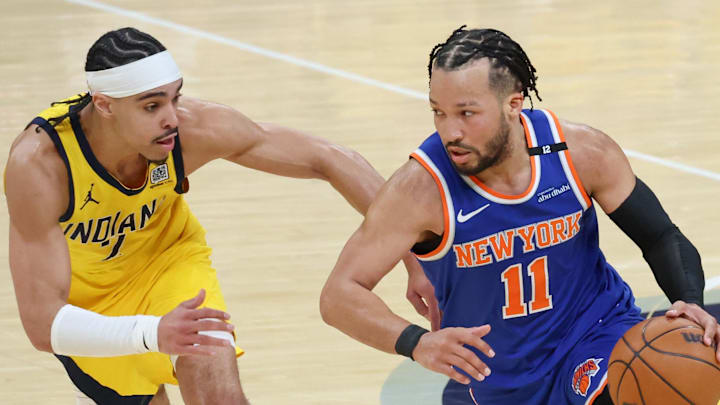 Indiana Pacers guard Andrew Nembhard defends against New York Knicks guard Jalen Brunson. Mandatory Credit: Trevor Ruszkowski-Imagn Images