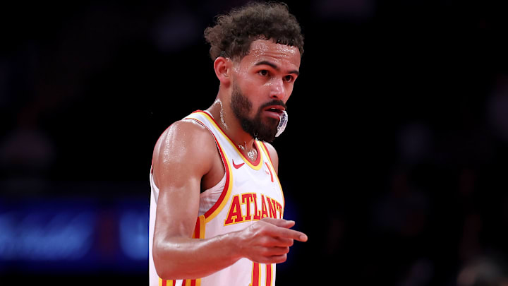 Trae Young #11 of the Atlanta Hawks reacts during a game against the New York Knicks