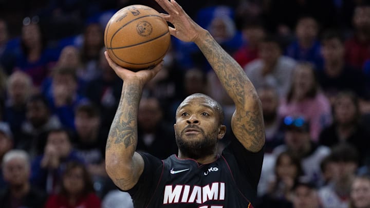 May 8, 2022; Philadelphia, Pennsylvania, USA; Miami Heat forward P.J. Tucker (17) shoots against the Philadelphia 76ers during the first quarter in game four of the second round for the 2022 NBA playoffs at Wells Fargo Center. Mandatory Credit: Bill Streicher-Imagn Images