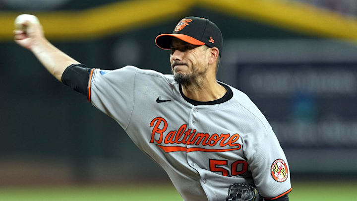 Apr 8, 2025; Phoenix, Arizona, USA; Baltimore Orioles pitcher Charlie Morton (50) pitches against the Arizona Diamondbacks during the fifth inning at Chase Field. Apr 8, 2025; Phoenix, Arizona, USA; Baltimore Orioles pitcher Charlie Morton (50) pitches against the Arizona Diamondbacks during the fifth inning at Chase Field.