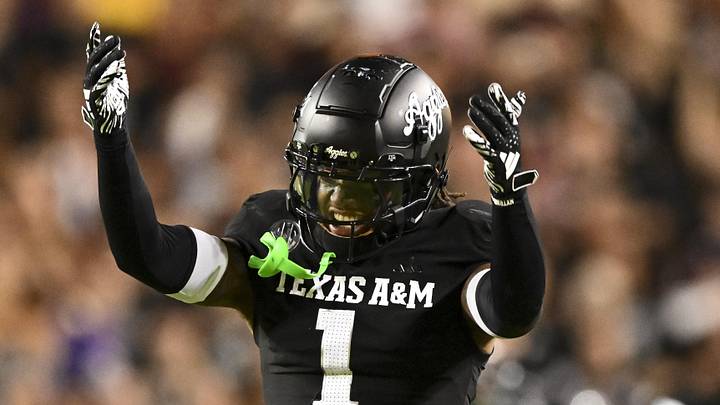 Oct 26, 2024; College Station, Texas, USA; Texas A&M Aggies defensive back Bryce Anderson (1) reacts against the LSU Tigers during the third quarter. The Aggies defeated the Tigers 38-23; at Kyle Field. Mandatory Credit: Maria Lysaker-Imagn Images.  