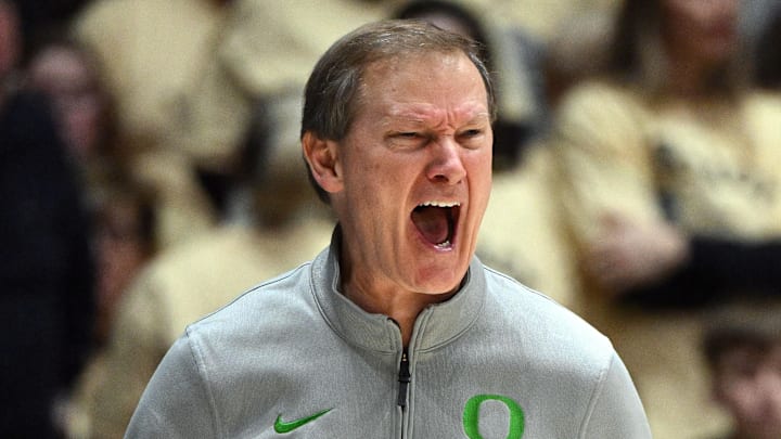 Feb 7, 2026; West Lafayette, Indiana, USA; Oregon Ducks head coach Dana Altman reacts to a call during the second half against the Purdue Boilermakers at Mackey Arena. Mandatory Credit: Marc Lebryk-Imagn Images