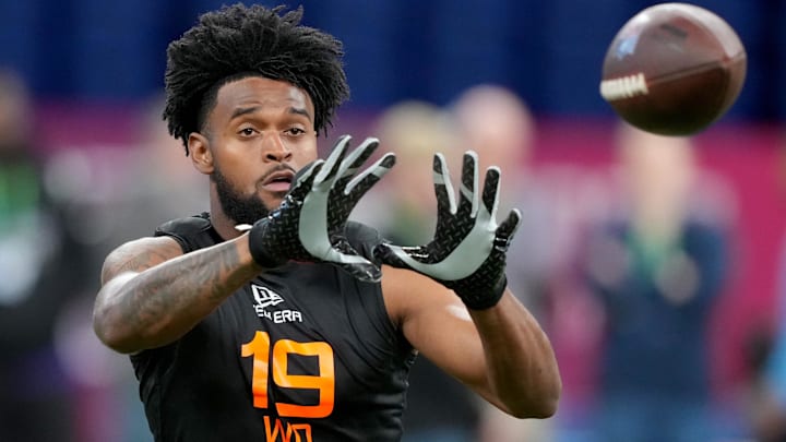 Oregon wideout Traeshon Holden (WO19) during the 2025 NFL Combine at Lucas Oil Stadium.