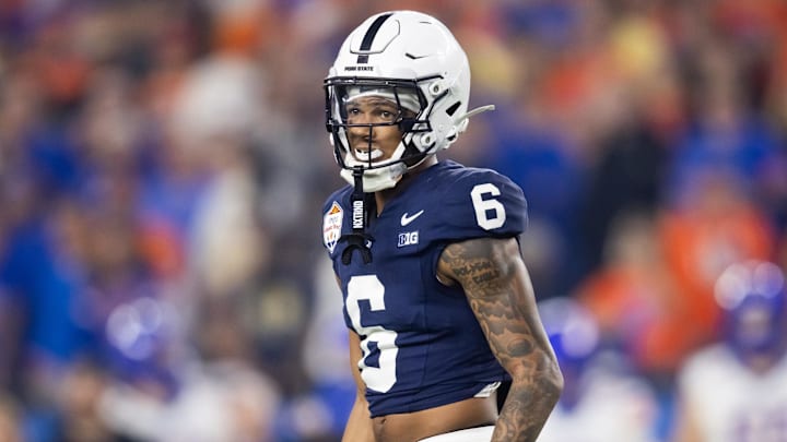 Dec 31, 2024; Glendale, AZ, USA; Penn State Nittany Lions safety Zakee Wheatley (6) against the Boise State Broncos during the Fiesta Bowl at State Farm Stadium. Mandatory Credit: Mark J. Rebilas-Imagn Images