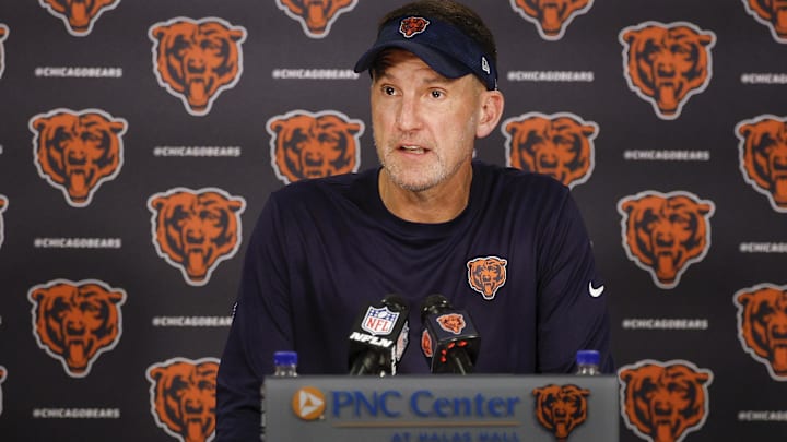 Jul 23, 2025; Lake Forest, IL, USA; Chicago Bears defensive coordinator Dennis Allen speaks during training camp at Halas Hall. 