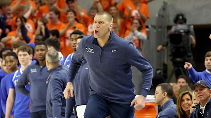 Feb 21, 2026; Auburn, Alabama, USA;  Kentucky Wildcats head coach Mark Pope reacts after his team was called for a foul during the second half against the Auburn Tigers at Neville Arena. Mandatory Credit: John Reed-Imagn Images