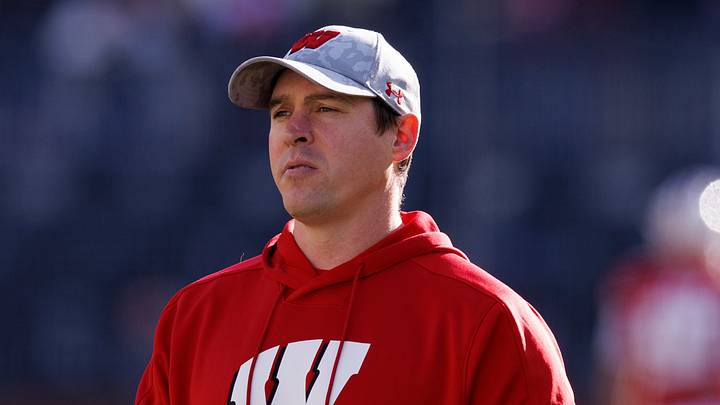 Nov 26, 2022; Madison, Wisconsin, USA;  Wisconsin Badgers head coach Jim Leonhard prior to the game against the Minnesota Golden Gophers at Camp Randall Stadium. Mandatory Credit: Jeff Hanisch-USA TODAY Sports