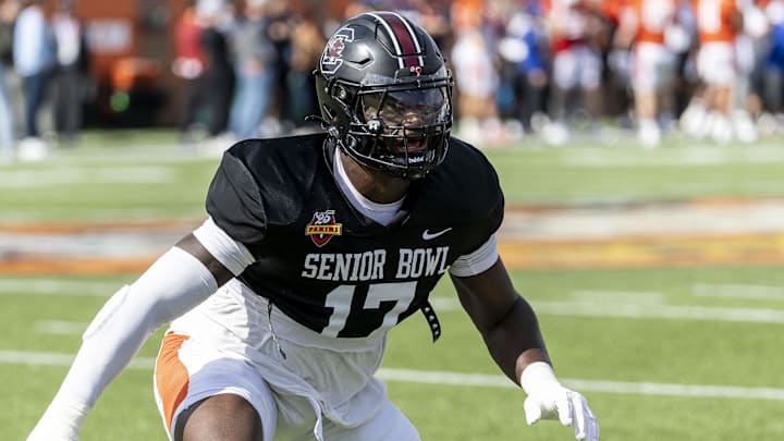 Jan 29, 2025; Mobile, AL, USA; American team linebacker Demetrius Knight II of South Carolina (17) works in drills during Senior Bowl practice for the National team at Hancock Whitney Stadium. Mandatory Credit: Vasha Hunt-Imagn Images