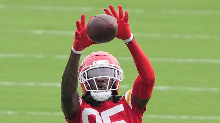 Jul 29, 2026; St. Joseph, MO, USA; Kansas City Chiefs wide receiver Andrew Armstrong (85) catches a pass during training camp at Missouri Western State University. Mandatory Credit: Denny Medley-Imagn Images