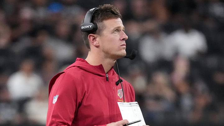 Aug 13, 2026; Paradise, Nevada, USA; Arizona Cardinals head coach Mike LaFleur watches from the sidelines against the Las Vegas Raiders in the second half at Allegiant Stadium. Mandatory Credit: Kirby Lee-Imagn Images