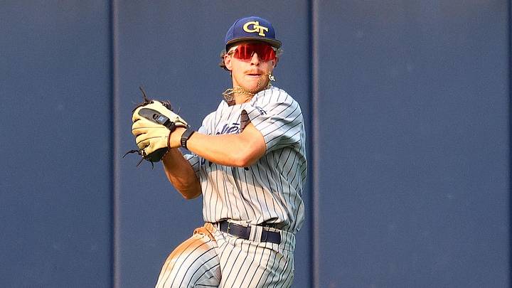 May 31, 2025; Oxford, MS, USA; Georgia Tech Yellowjackets outfielder Drew Burress (8) fields the ball during the first inning against the Murray State Racers. Mandatory Credit: Petre Thomas-Imagn Images