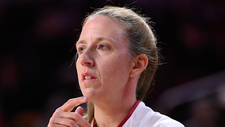 Feb 8, 2025; Los Angeles, California, USA; USC Trojans head coach Lindsay Gottlieb during the first quarter against the Ohio State Buckeyes at Galen Center. Mandatory Credit: Robert Hanashiro-Imagn Images