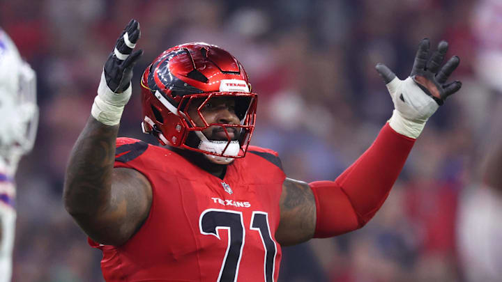 Nov 20, 2025; Houston, Texas, USA; Houston Texans offensive tackle Tytus Howard (71) reacts after a touchdown against the Buffalo Bills in the second quarter at NRG Stadium. Mandatory Credit: Troy Taormina-Imagn Images Nov 20, 2025; Houston, Texas, USA; Houston Texans offensive tackle Tytus Howard (71) reacts after a touchdown against the Buffalo Bills in the second quarter at NRG Stadium. Mandatory Credit: Troy Taormina-Imagn Images