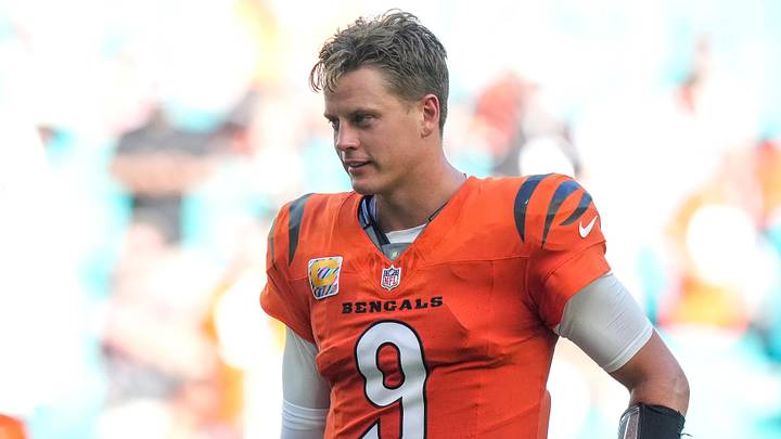 Cincinnati Bengals quarterback Joe Burrow leaves the field after the fourth quarter of the Cincinnati Bengals game against the Miami Dolphins. Cincinnati Bengals quarterback Joe Burrow leaves the field after the fourth quarter of the Cincinnati Bengals game against the Miami Dolphins.