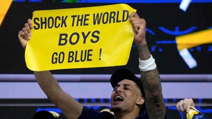 Michigan Wolverines forward Yaxel Lendeborg (23) celebrates the teamâ€™s NCAA men's basketball tournament national championship victory Monday, April 6, 2026, after defeating the UConn Huskies 69-63 at Lucas Oil Stadium in Indianapolis.