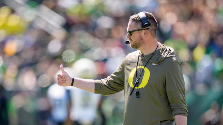 Oregon head coach Dan Lanning walks the field during the Oregon Ducks annual spring game on April 25, 2026 at Autzen Stadium in Eugene, Oregon.