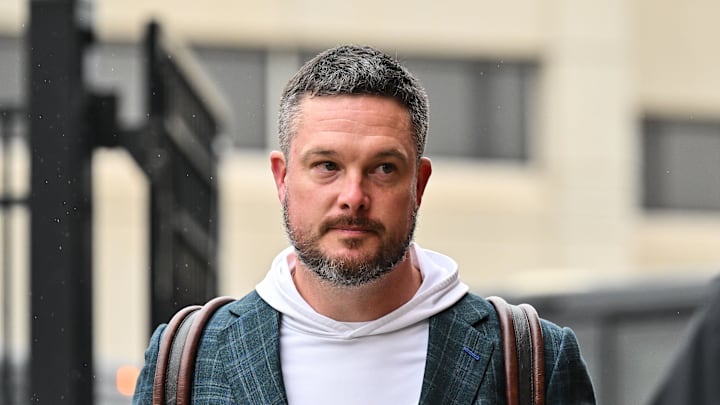 Nov 8, 2025; Iowa City, Iowa, USA; Oregon Ducks head coach Dan Lanning enters Kinnick Stadium before the game against the Iowa Hawkeyes. Mandatory Credit: Jeffrey Becker-Imagn Images