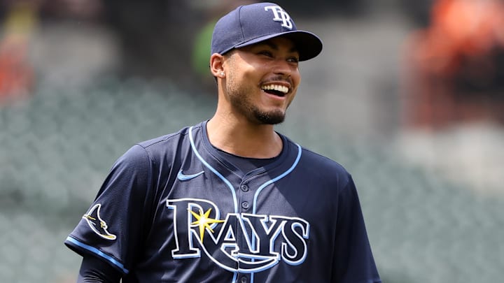 Jun 29, 2025; Baltimore, Maryland, USA; Tampa Bay Rays pitcher Taj Bradley (45) laughs during the fifth inning against the Baltimore Orioles at Oriole Park at Camden Yards