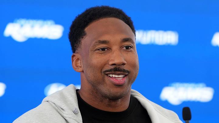 Los Angeles Rams defensive end Myles Garrett at a press conference.