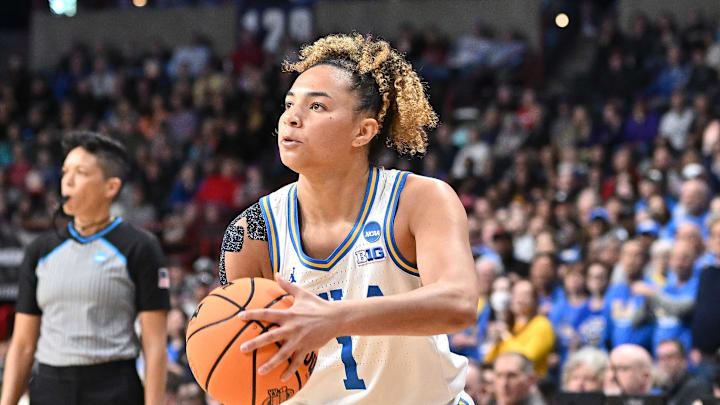 Mar 30, 2025; Spokane, WA, USA; UCLA Bruins guard Kiki Rice (1) shoots against the LSU Lady Tigers during the first half of a Elite 8 NCAA Tournament basketball game at Spokane Arena. Mandatory Credit: James Snook-Imagn Images Mar 30, 2025; Spokane, WA, USA; UCLA Bruins guard Kiki Rice (1) shoots against the LSU Lady Tigers during the first half of a Elite 8 NCAA Tournament basketball game at Spokane Arena. Mandatory Credit: James Snook-Imagn Images