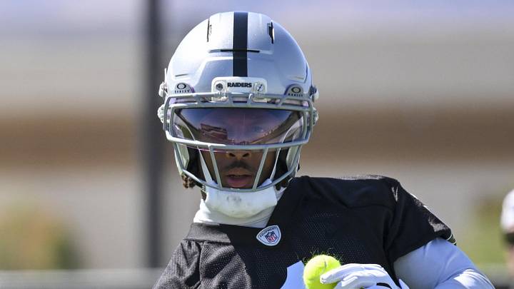 Las Vegas Raiders wide receiver Tre Tucker practices during organized team activities. Las Vegas Raiders wide receiver Tre Tucker practices during organized team activities.