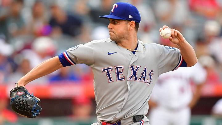 Texas Rangers pitcher Mackenzie Gore (1) throws against the Los Angeles Angels. 