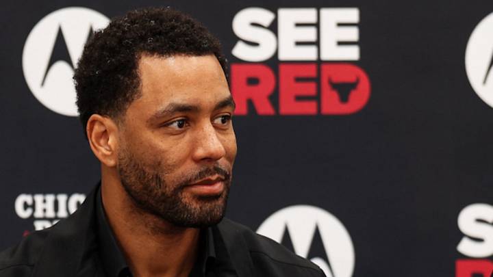 Bryson Graham of the Chicago Bulls at the introductory press conferences for Caleb Wilson and Dailyn Swain. Bryson Graham of the Chicago Bulls at the introductory press conferences for Caleb Wilson and Dailyn Swain.