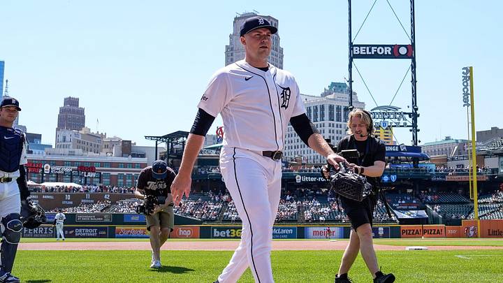 Detroit Tigers pitcher Tarik Skubal (29) walks towards the dugout after warm up before first pitch against Milwaukee Brewers at Comerica Park in Detroit on Thursday, April 23, 2026.