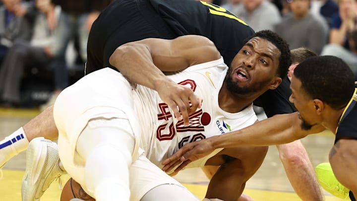 Apr 2, 2026; San Francisco, California, USA; Golden State Warriors guard Pat Spencer (61), Cleveland Cavaliers guard Donovan Mitchell (45), and Golden State Warriors forward/center De'Anthony Melton (8) battle for a loose ball during the second quarter at Chase Center. Mandatory Credit: Kelley L Cox-Imagn Images Apr 2, 2026; San Francisco, California, USA; Golden State Warriors guard Pat Spencer (61), Cleveland Cavaliers guard Donovan Mitchell (45), and Golden State Warriors forward/center De'Anthony Melton (8) battle for a loose ball during the second quarter at Chase Center. Mandatory Credit: Kelley L Cox-Imagn Images