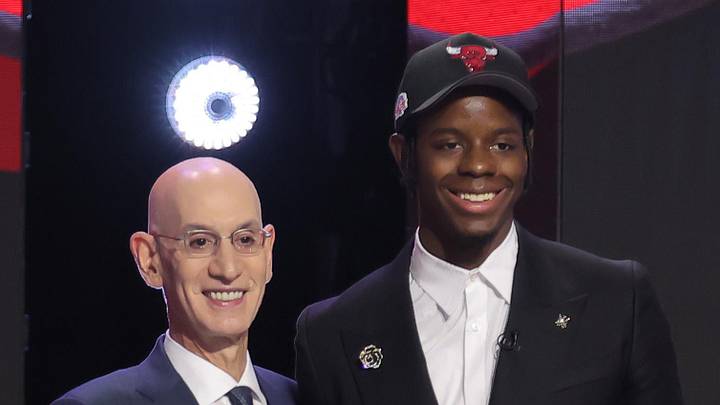 Jun 23, 2026; New York, NY, USA; NBA commissioner Adam Silver greets the fourth pick in the 2026 NBA draft, North Carolina forward Caleb Wilson after he was selected by the Chicago Bulls at Barclays Center. Mandatory Credit: Brad Penner-Imagn Images Jun 23, 2026; New York, NY, USA; NBA commissioner Adam Silver greets the fourth pick in the 2026 NBA draft, North Carolina forward Caleb Wilson after he was selected by the Chicago Bulls at Barclays Center. Mandatory Credit: Brad Penner-Imagn Images