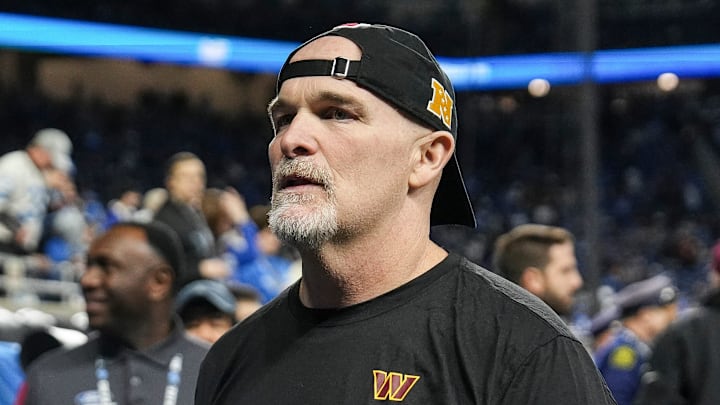 Washington Commanders head coach Dan Quinn walks up the tunnel during warm up before the NFC divisional round between Detroit Lions and Washington Commanders at Ford Field in Detroit on Saturday, Jan. 18, 2025.