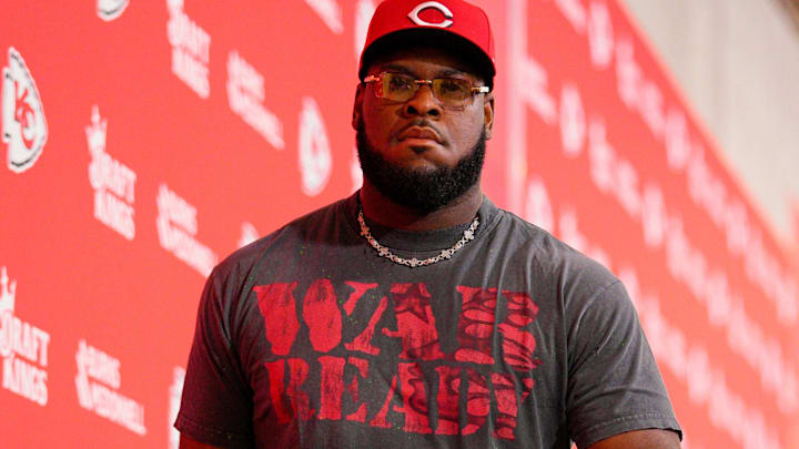 Sep 14, 2025; Kansas City, Missouri, USA; Kansas City Chiefs guard Trey Smith (65) arrives prior to the game against the Philadelphia Eagles at GEHA Field at Arrowhead Stadium. Mandatory Credit: Jay Biggerstaff-Imagn Images