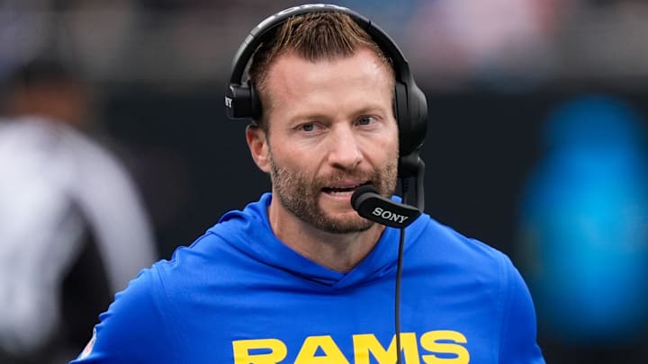 Nov 30, 2025; Charlotte, North Carolina, USA; Los Angeles Rams head coach Sean McVay looks on during the first quarter against the Carolina Panthers at Bank of America Stadium. Mandatory Credit: Jim Dedmon-Imagn Images