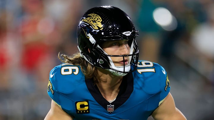 Jacksonville Jaguars quarterback Trevor Lawrence (16) rolls from the pocket during the first quarter of an NFL football matchup at EverBank Stadium, Monday, Oct. 6, 2025, in Jacksonville, Fla. The Jacksonville Jaguars edged the Kansas City Chiefs 31-28. [Corey Perrine/Florida Times-Union]