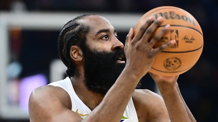 Mar 9, 2026; Cleveland, Ohio, USA; Cleveland Cavaliers guard James Harden (1) shoots against the Philadelphia 76ers during the second half at Rocket Arena. Mandatory Credit: Ken Blaze-Imagn Images