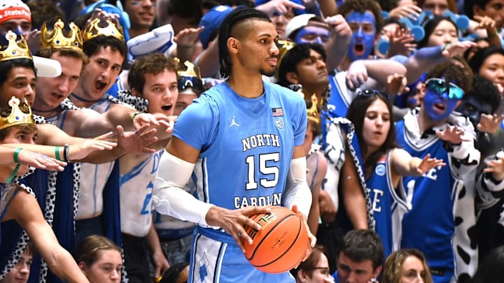 Mar 7, 2026; Durham, North Carolina, USA; North Carolina Tar Heels forward Jarin Stevenson (15) is harassed by Duke Blue Devils fans as he attempts to inbound the ball during the second half at Cameron Indoor Stadium.  The Duke Blue Devils won 76-61. Mandatory Credit: Rob Kinnan-Imagn Images