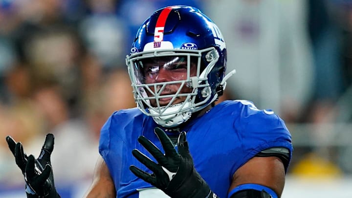 New York Giants linebacker Kayvon Thibodeaux (5) reacts to nearly intercepting Seattle Seahawks quarterback Geno Smith (not pictured) in the first half at MetLife Stadium on Monday, Oct. 2, 2023, in East Rutherford. New York Giants linebacker Kayvon Thibodeaux (5) reacts to nearly intercepting Seattle Seahawks quarterback Geno Smith (not pictured) in the first half at MetLife Stadium on Monday, Oct. 2, 2023, in East Rutherford.