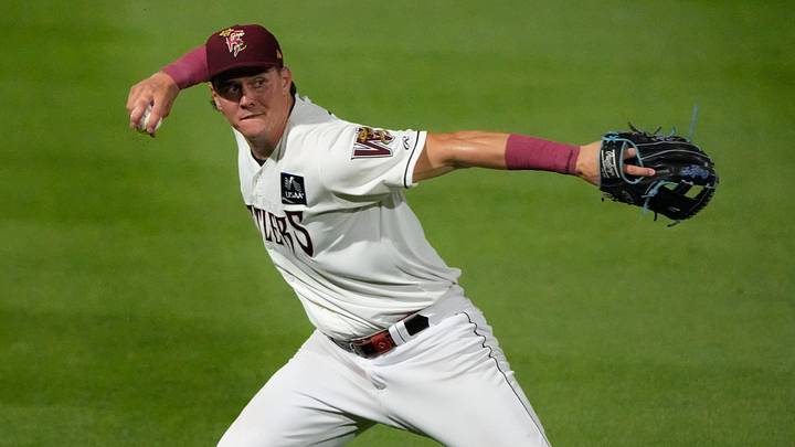 Wisconsin Timber Rattlers Eric Bitonti (24) throws to first base against the Quad Cities River Bandits during their baseball game Friday, July 17, 2026, at Neuroscience Group Field at Fox Cities Stadium in Grand Chute, Wisconsin.