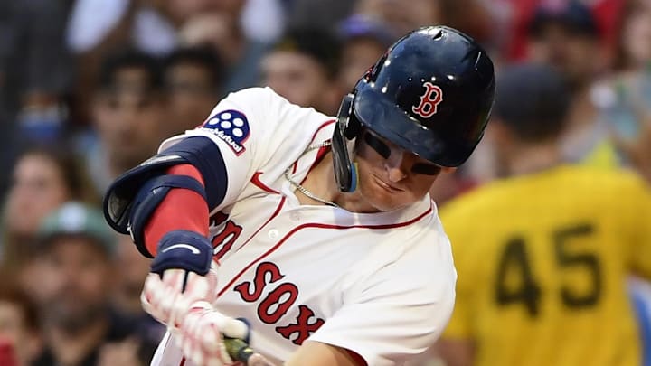 Boston Red Sox designated hitter Roman Anthony (19) hits an RBI double during the first inning against the Cincinnati Reds at Fenway Park on July 1. Boston Red Sox designated hitter Roman Anthony (19) hits an RBI double during the first inning against the Cincinnati Reds at Fenway Park on July 1.