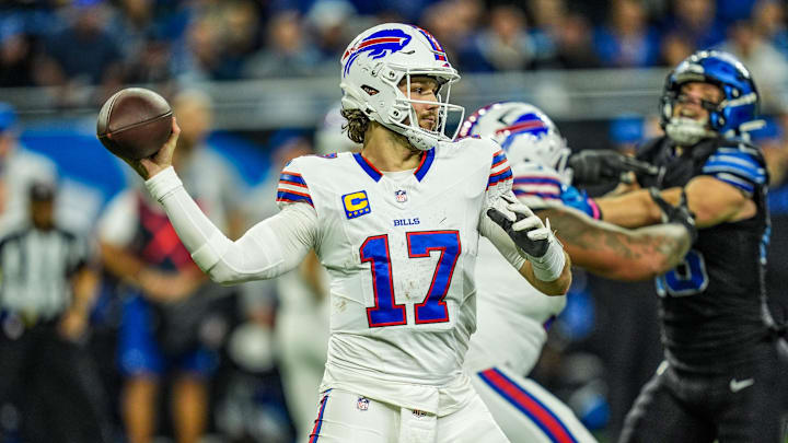 Buffalo Bills quarterback Josh Allen (17) throws the ball during the second half at Ford Field in Detroit on Sunday, Dec. 15, 2024. Allen threw for 362 yards and two touchdowns in the Bills 48-42.