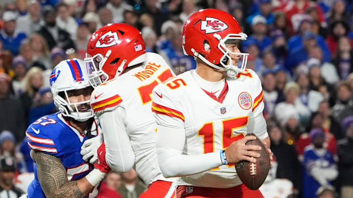 Nov 2, 2025; Orchard Park, New York, USA; Kansas City Chiefs quarterback Patrick Mahomes (15) looks for an open receiver in the second half against the Buffalo Bills at Highmark Stadium. Mandatory Credit: Gregory Fisher-Imagn Images