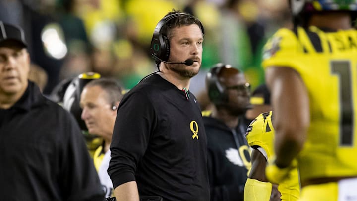Oregon Ducks head coach Dan Lanning looks on as the Ducks host the Spartans Friday, Oct. 4, 2024 at Autzen Stadium in Eugene, Ore.