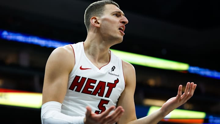 Miami Heat forward Nikola Jovic (5) reacts (Mandatory Credit: Sergio Estrada-Imagn Images)