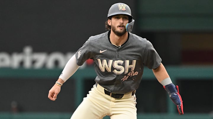 Sep 29, 2024; Washington, District of Columbia, USA; Washington Nationals right fielder Dylan Crews (3) takes a lead off of first base against the Philadelphia Phillies during the second inning at Nationals Park