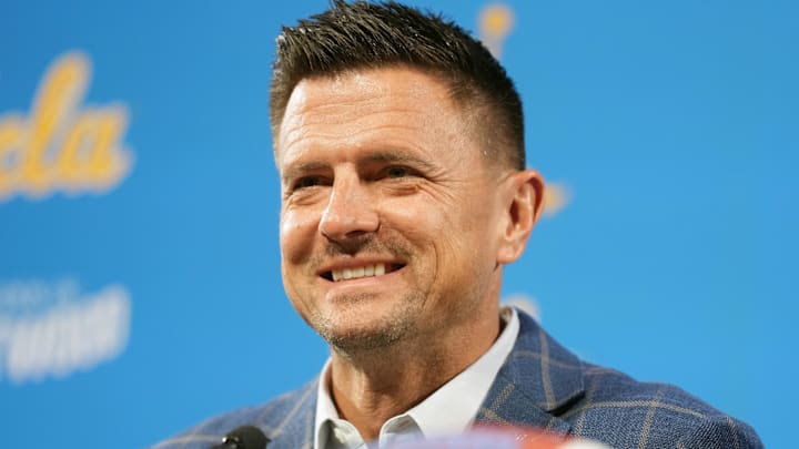Dec 9, 2025; Los Angeles, CA, USA; Bob Chesney is introduced as UCLA Bruins football coach at press conference at Renee Luskin Conference Center Centennial Ballroom. Mandatory Credit: Kirby Lee-Imagn Images