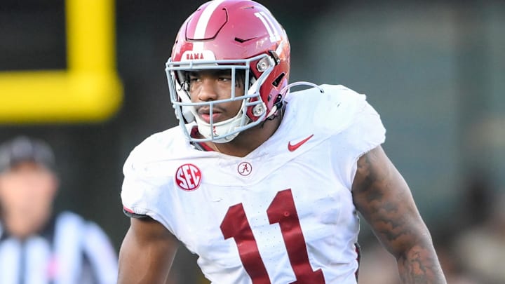 Oct 5, 2024; Nashville, Tennessee, USA; Alabama Crimson Tide linebacker Jihaad Campbell (11) sneaks a peek into the back field against the Vanderbilt Commodores during the second half  at FirstBank Stadium. Mandatory Credit: Steve Roberts-Imagn Images